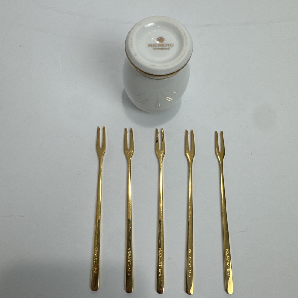 VTG Mikimoto International Gold Tone Appetizer Fork Set 5pc White Porcelain Jar - Picture 2 of 4